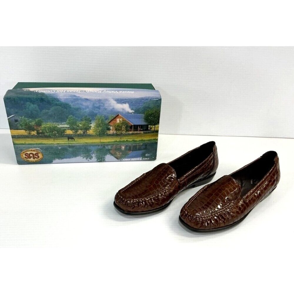 SAS Womens Joy Loafers 8N Cognac Croc Leather Slip On Comfort Loafer Shoes